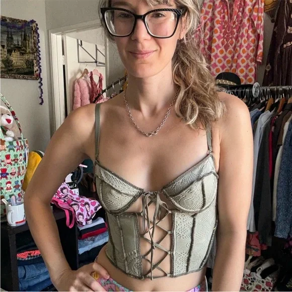 Teal Bustier Stretchy Mesh Corset Crop Top - Picture 6 of 7